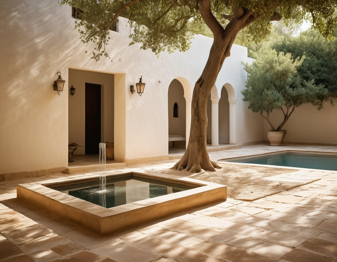 A shaded courtyard with white plastered walls, a shallow square pool and dappled light beneath a ghaf tree.