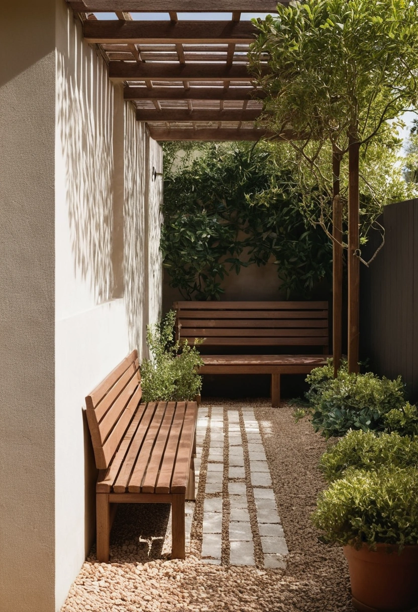 A narrow walled side garden roofed with a timber pergola, with climbing plants and a stone bench in deep shade.