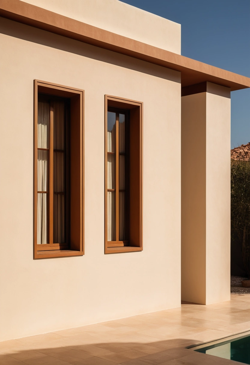 A cream villa corner where deep roof overhangs and recessed frames keep the tall windows in shade.