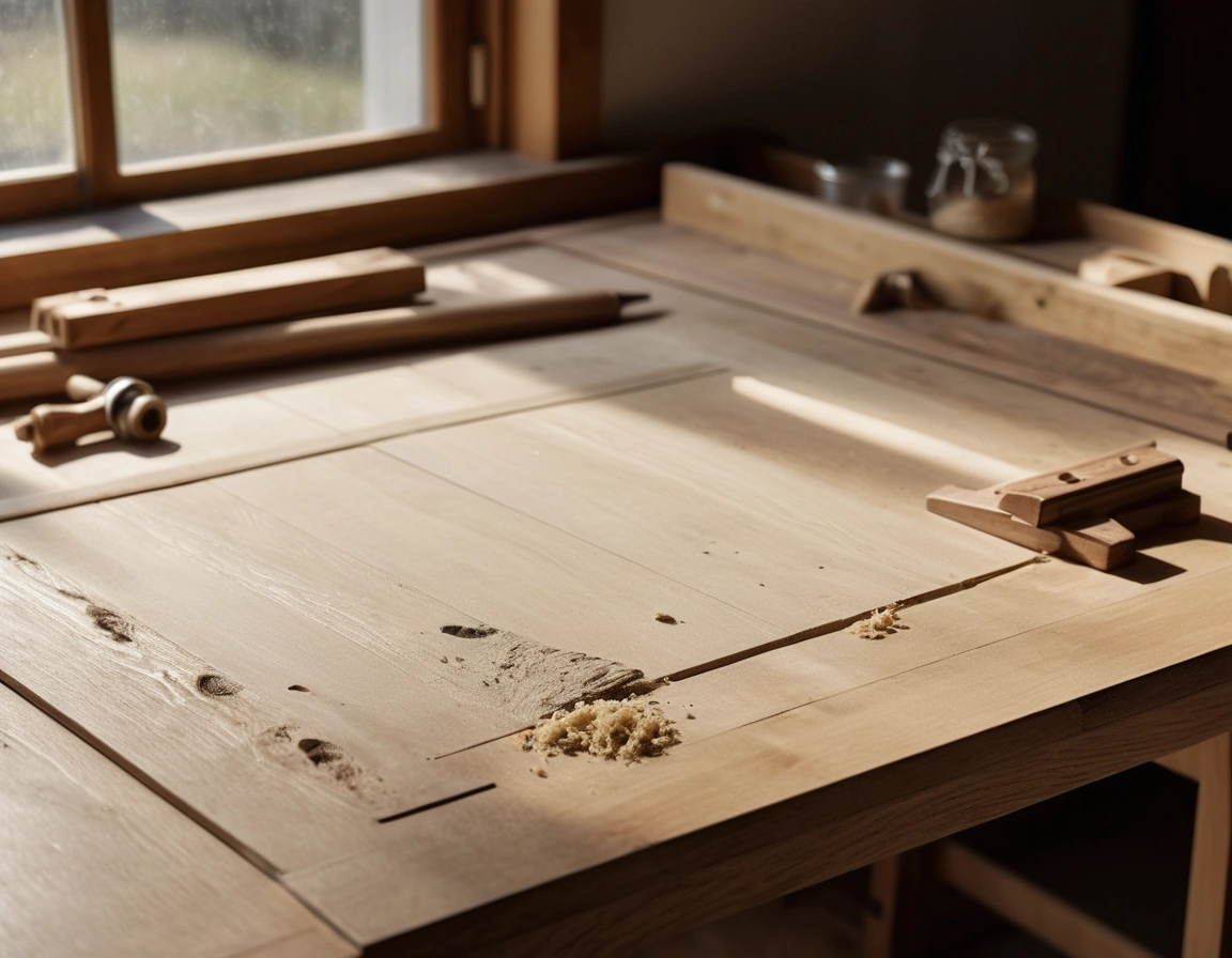 An oak tabletop clamped for glue-up on a workbench beside dimensioned drawings and a hand plane.