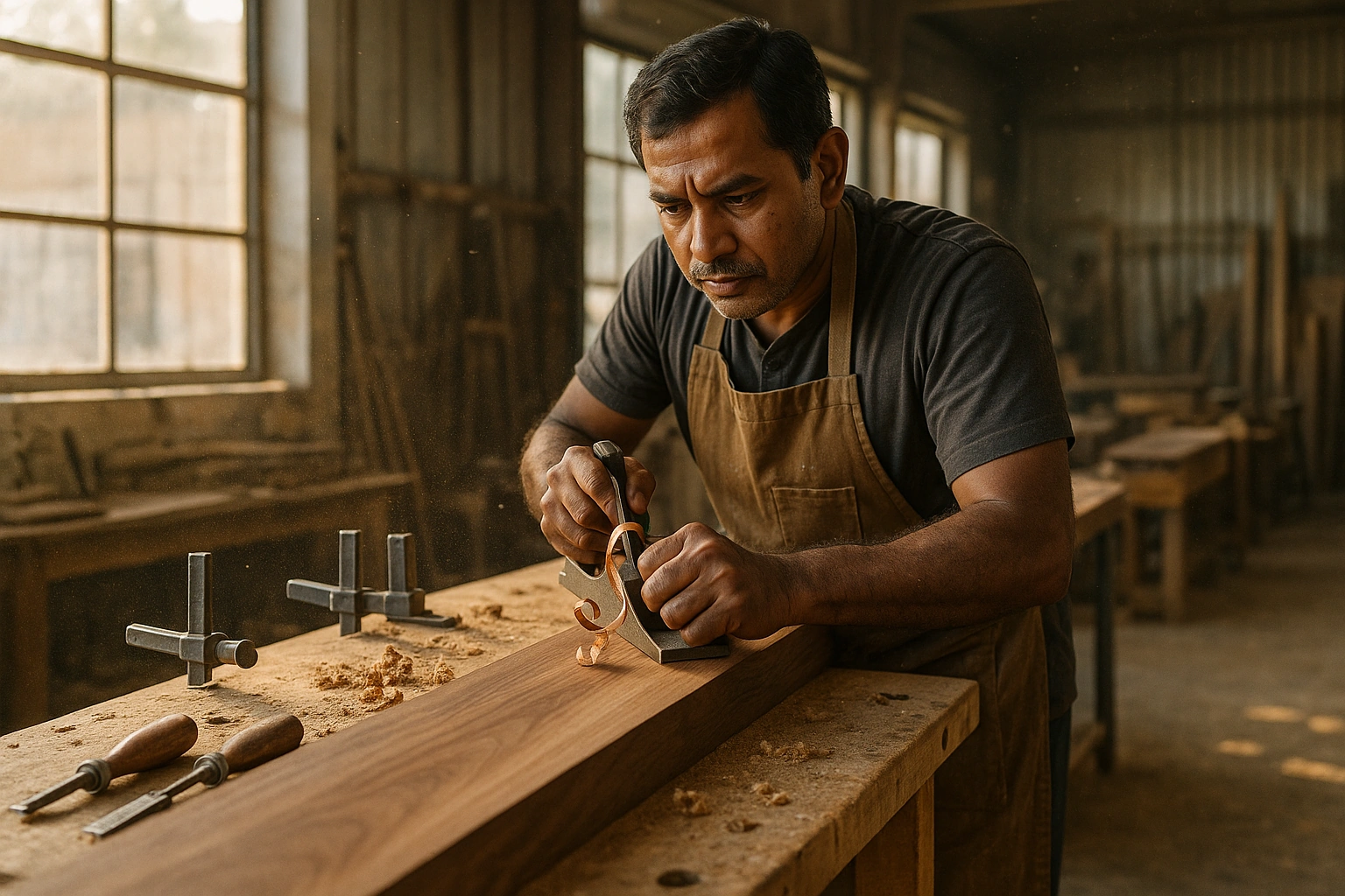 A carpenter in a work apron hand-planing the edge of a long walnut board, a thin shaving curling off the blade.