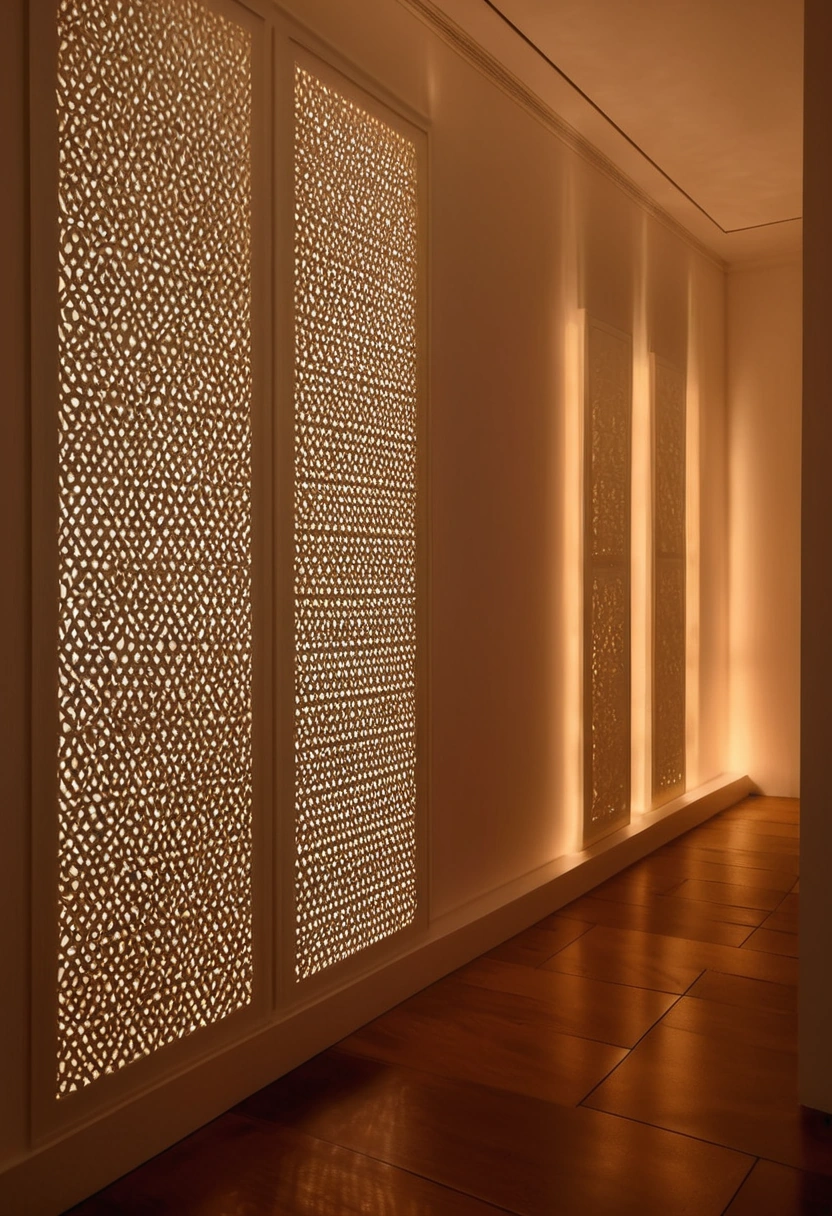A pierced gypsum screen with geometric carving set into a white corridor wall and backlit from behind.