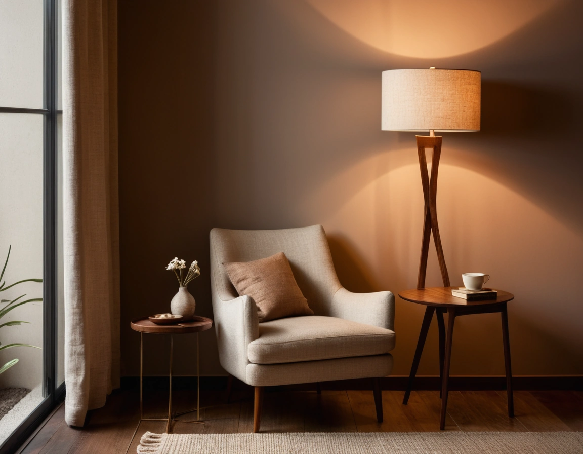 A living room corner with a linen-shaded floor lamp, a small table lamp on a console and a dark ceiling above.