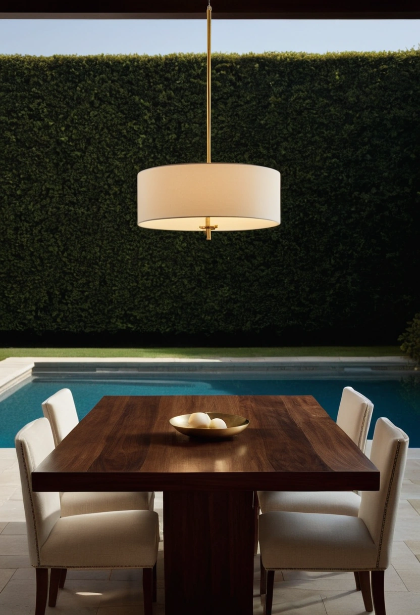 A dining table beneath a single low pendant lamp glowing warm, with the surrounding room in soft shadow.