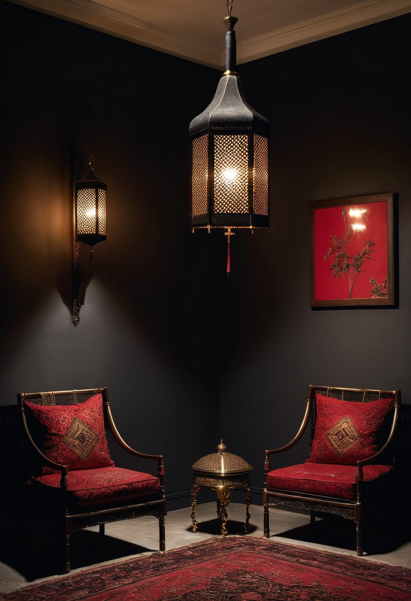 A warm-lit majlis corner with a dimmed floor lamp, wall lights and dark woven upholstery trimmed with a red sadu-style band.