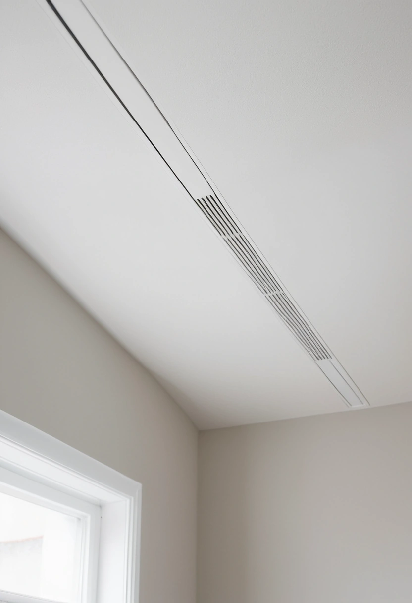 A slim linear air-conditioning diffuser set flush in a white bedroom ceiling, running towards the window wall.