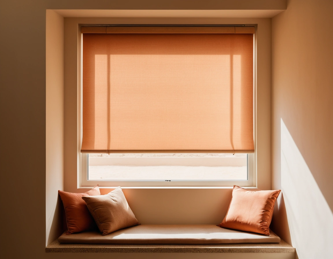 A wide roller blind mounted outside a shallow window recess, lowered past the frame, with thin lines of sunlight at its edges.