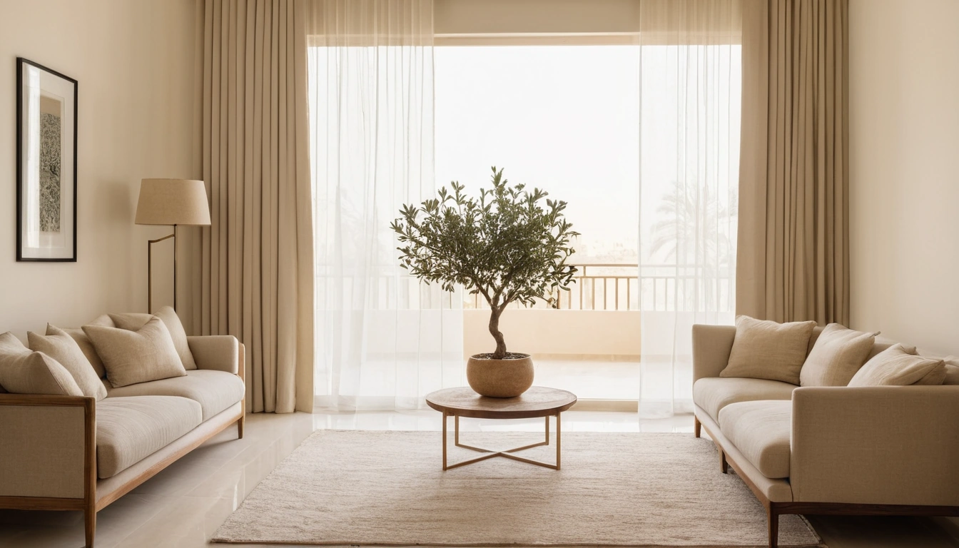 A calm apartment living room with a linen sofa, travertine floor and tall windows screened by sheer curtains.