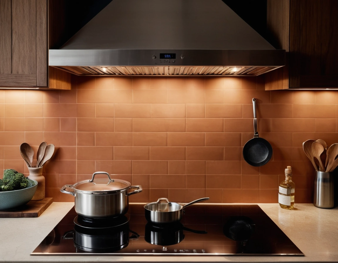 A wide stainless-steel extractor hood above an induction hob, set against a tiled splashback between closed cabinets.
