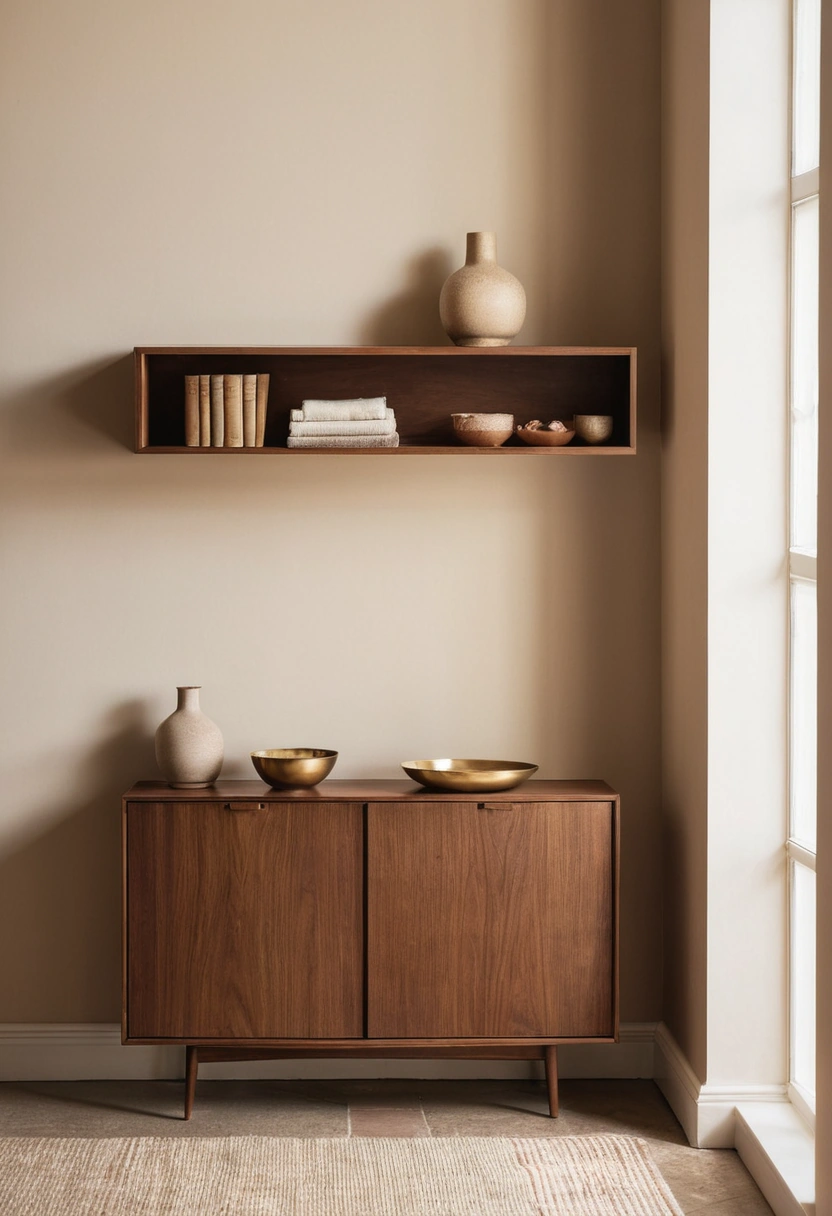A living room wall with a low closed sideboard beneath open shelves holding books, ceramics and a brass bowl.