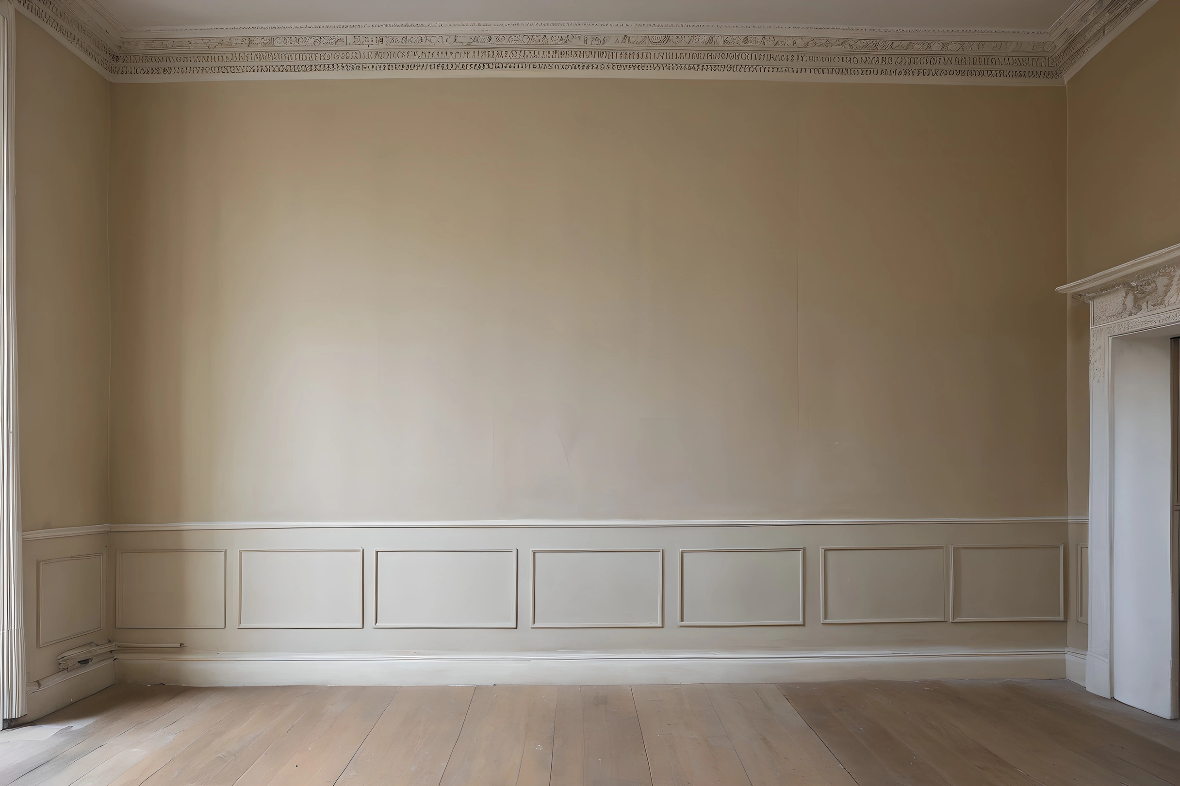 An empty reception room wall photographed square on, showing the full height from the skirting up through a panelled dado to a plain plaster cornice at the ceiling.