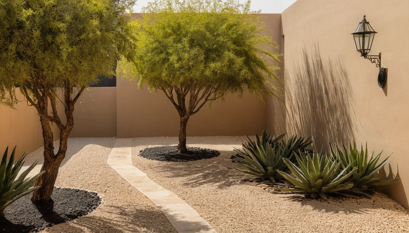 A shaded villa courtyard with a ghaf tree, gravel beds, drip lines and a garden tap against a sand-coloured wall.