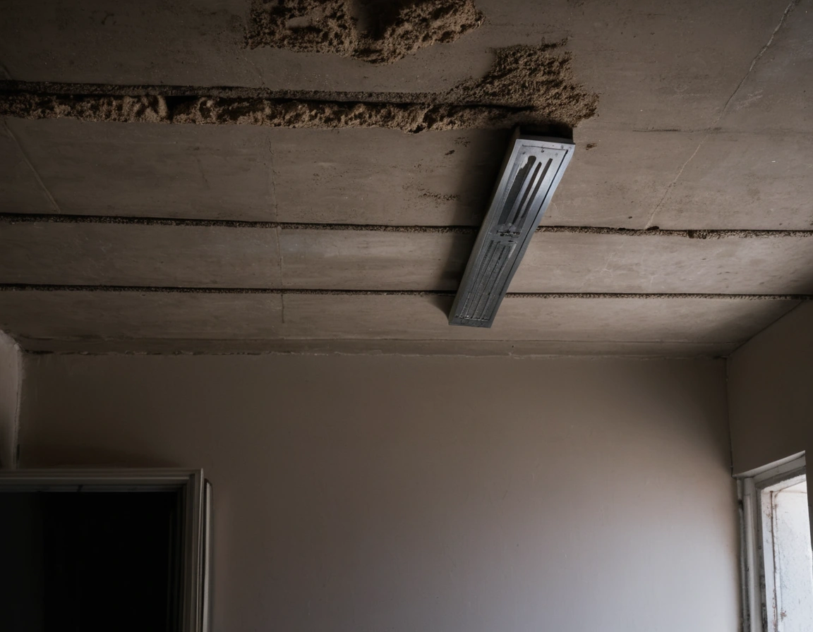 An exposed apartment ceiling with air-conditioning ducts, cable trays and pipework running above a removed partition wall.