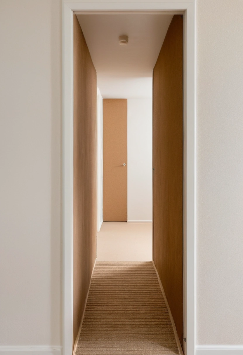 An empty tower corridor leading to an apartment door, the route every skip bag and gypsum board must travel.