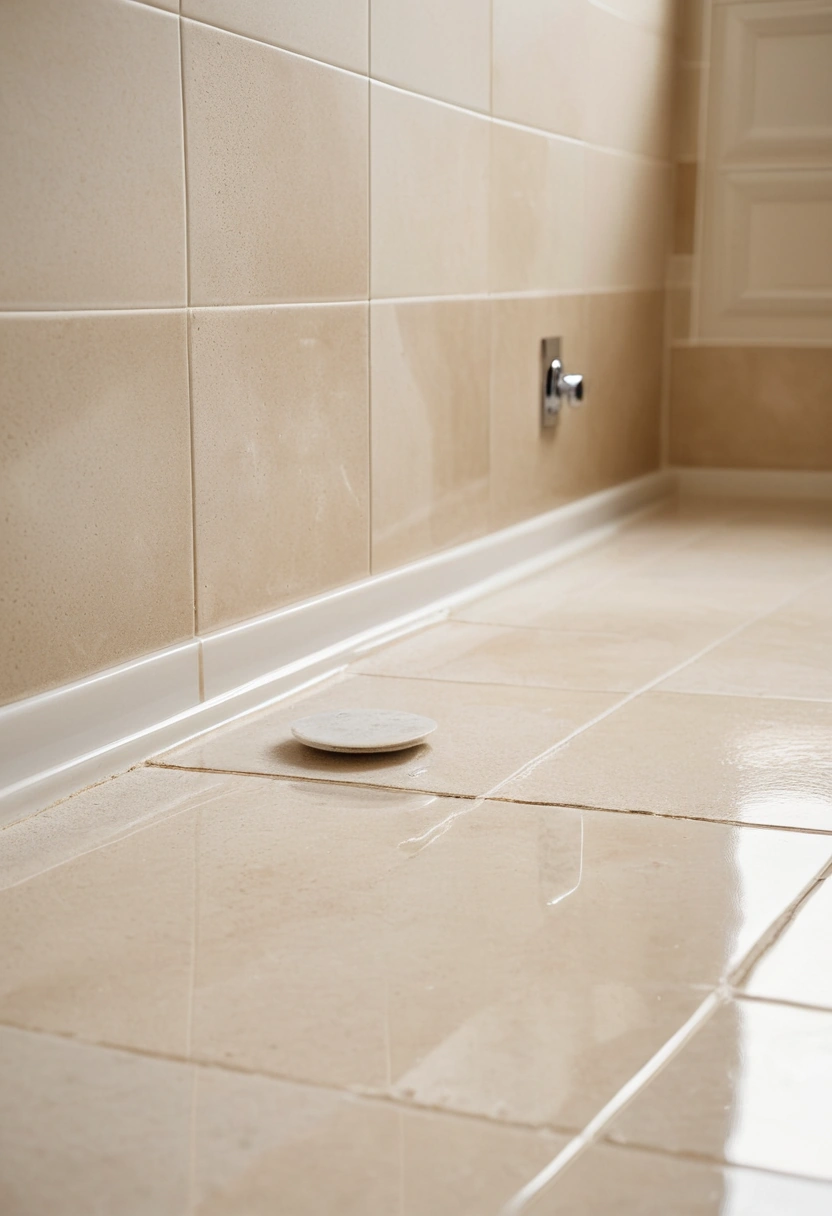 A bathroom floor with water pooling beside a chrome drain, a small glass marble resting against the tiled skirting nearby.