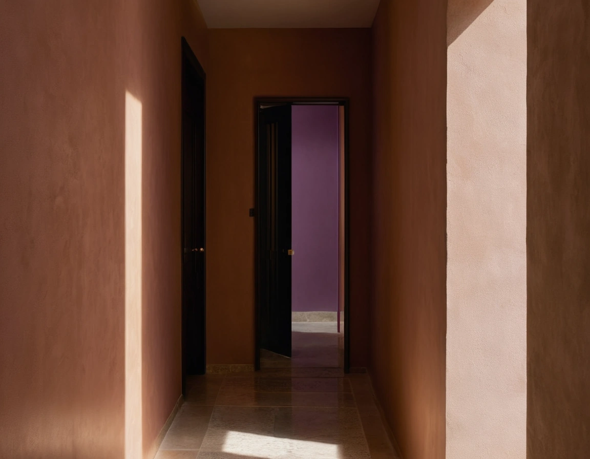 A hallway with clay-plastered walls, a travertine floor and an unlacquered brass wall light, all in close warm tones.