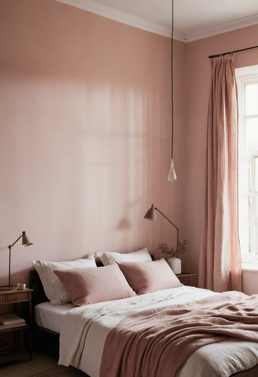 A bedroom in pale sand and muted rose tones with a dark smoked-oak bench and a single rust-coloured throw.