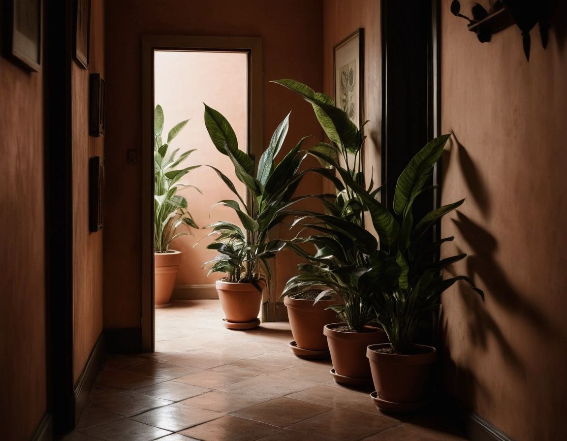 A ZZ plant, a snake plant and a trailing pothos in mixed pots along a dim apartment hallway.